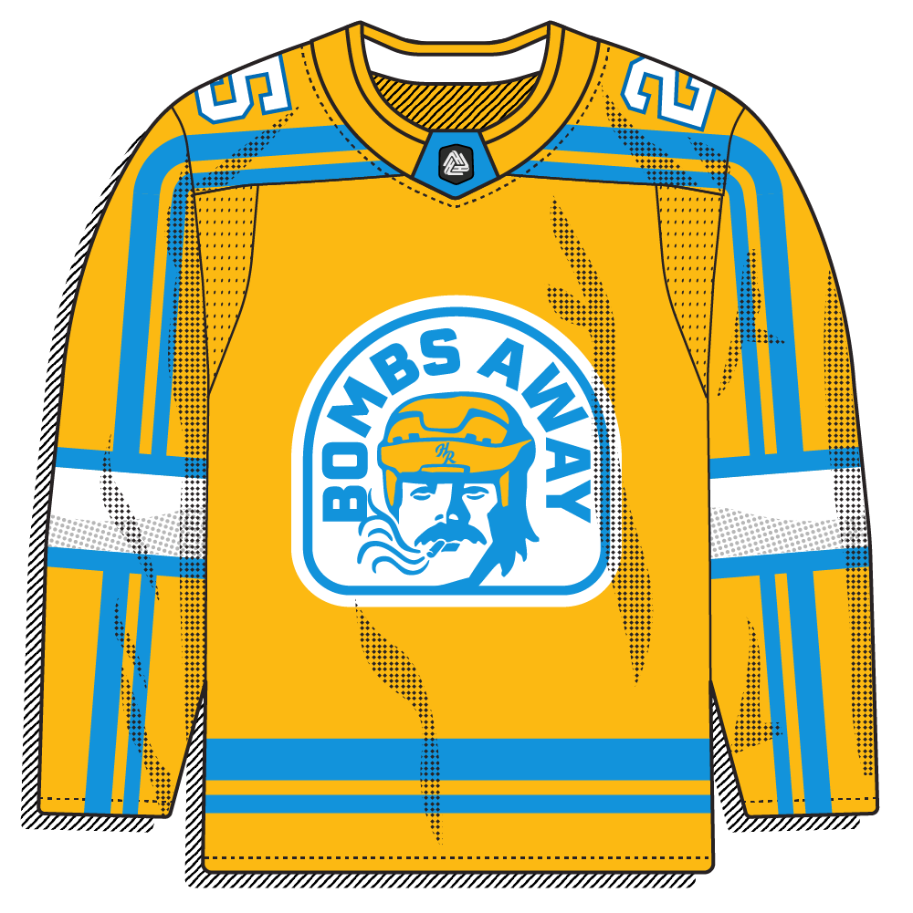 Gold sweater with an illustrated bearded aviator head and a "BOMBS AWAY" arched wordmark outlined in blue. A different logo from the home/road set; bold one-off alternate.