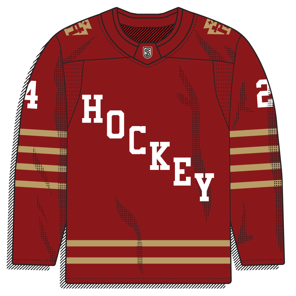 Crimson sweater with a plain block "HOCKEY" arched wordmark and simple gold stripes. Deliberately generic, minimal collegiate styling with no mascot.