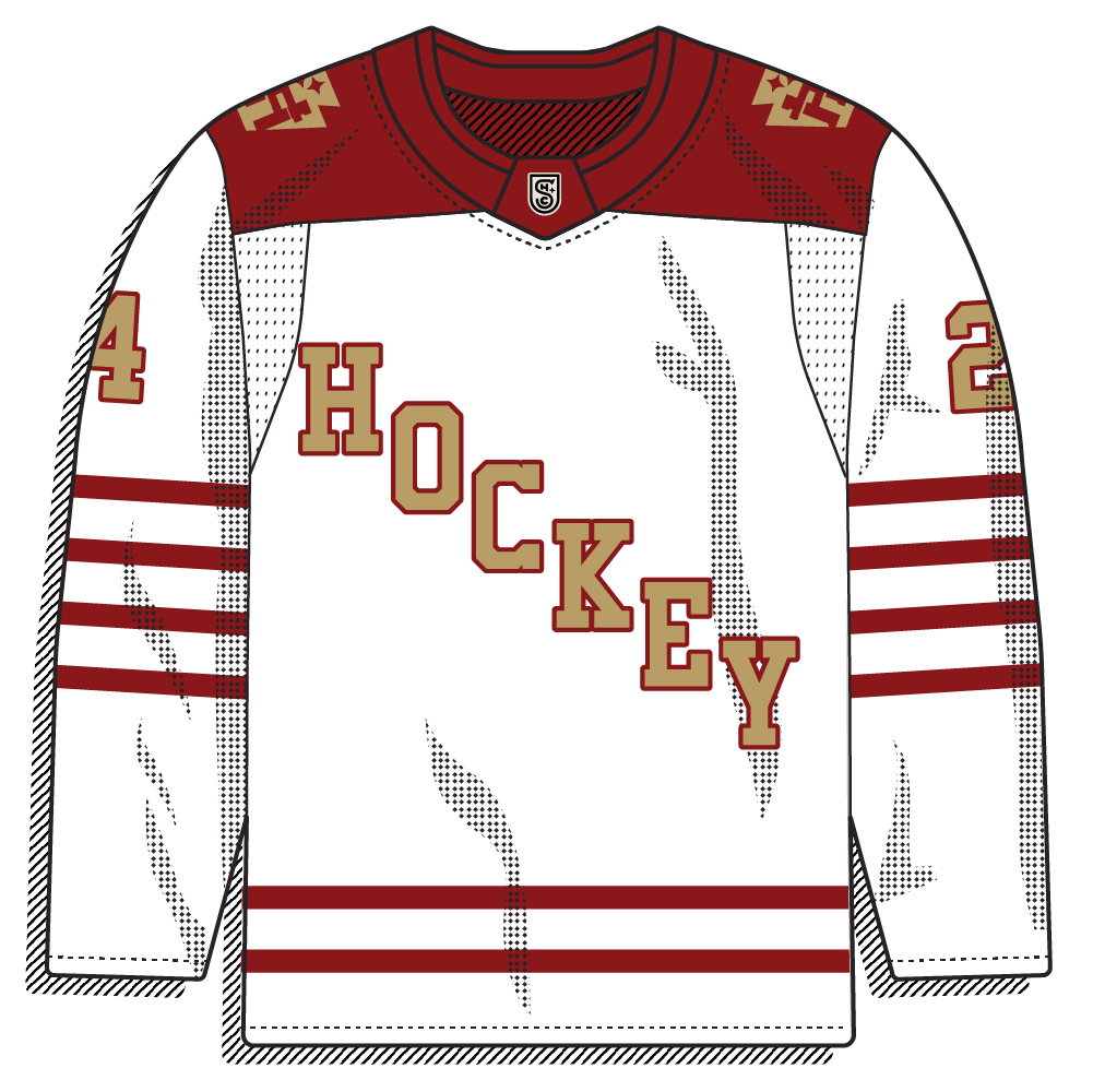 White road version with a crimson-and-gold "HOCKEY" wordmark and stripes. Same stripped-down classic look.