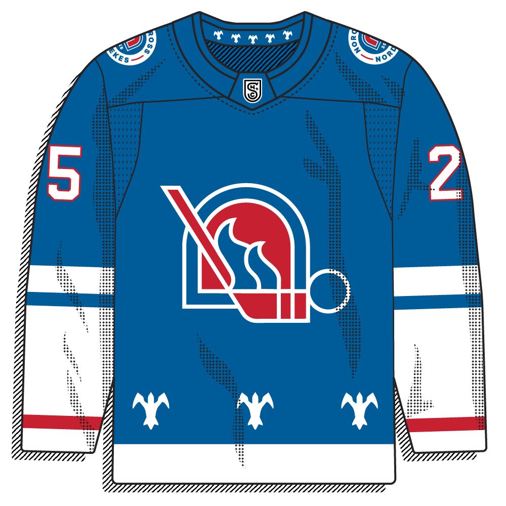 Blue Quebec-Nordiques tribute with the classic igloo-and-stick logo, red and white trim, and fleur-de-lis details at the hem. Clean throwback.