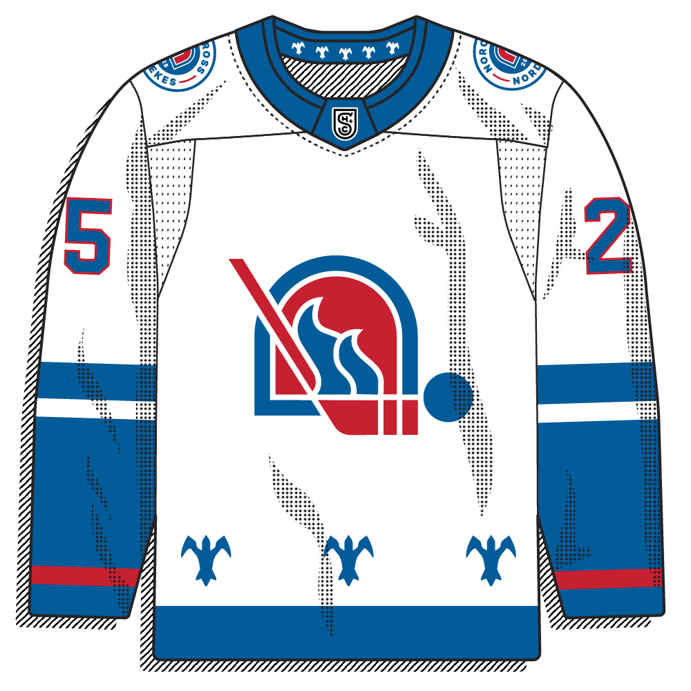 White road version of the Nordiques-style igloo logo with blue and red trim and fleur-de-lis. Same vintage tribute.