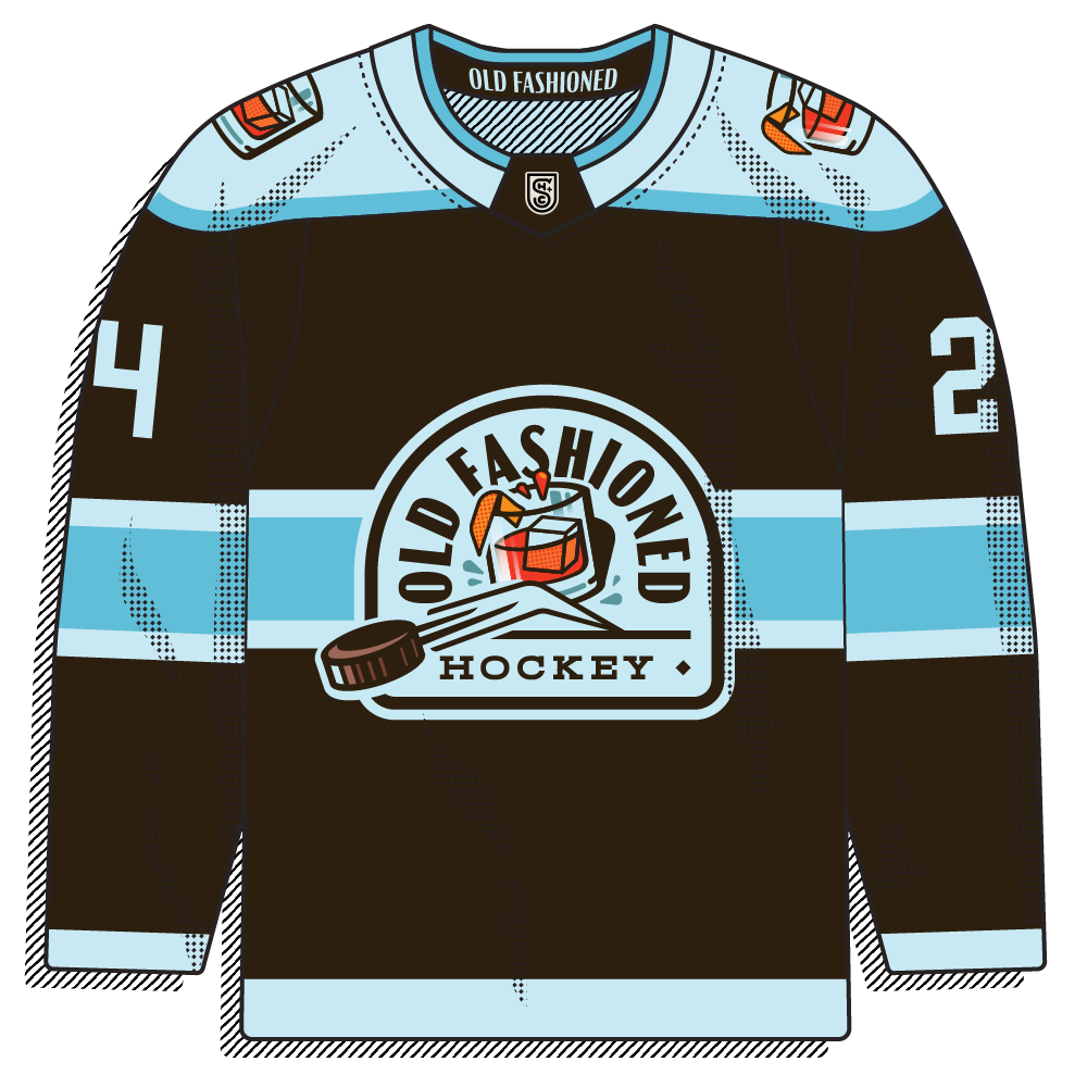 Black and brown sweater with an "OLD FASHIONED HOCKEY" badge crest built around an illustrated whiskey glass and a puck, a light-blue stripe, and a cocktail-glass collar detail. Themed and characterful.