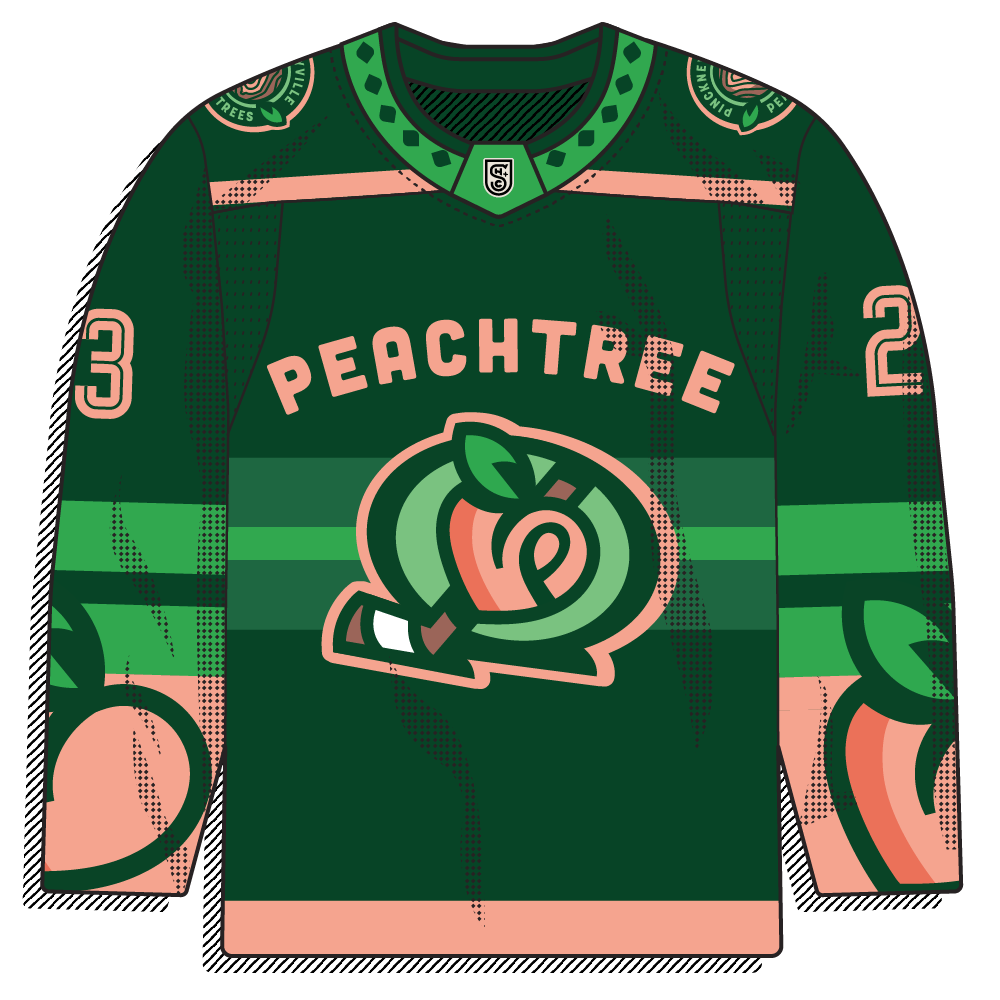 Dark-green Atlanta-peach sweater with a peach/coral "PEACHTREE" wordmark, an illustrated peach logo, and green stripes with peach accents at the collar and hem. Local-flavor theme.