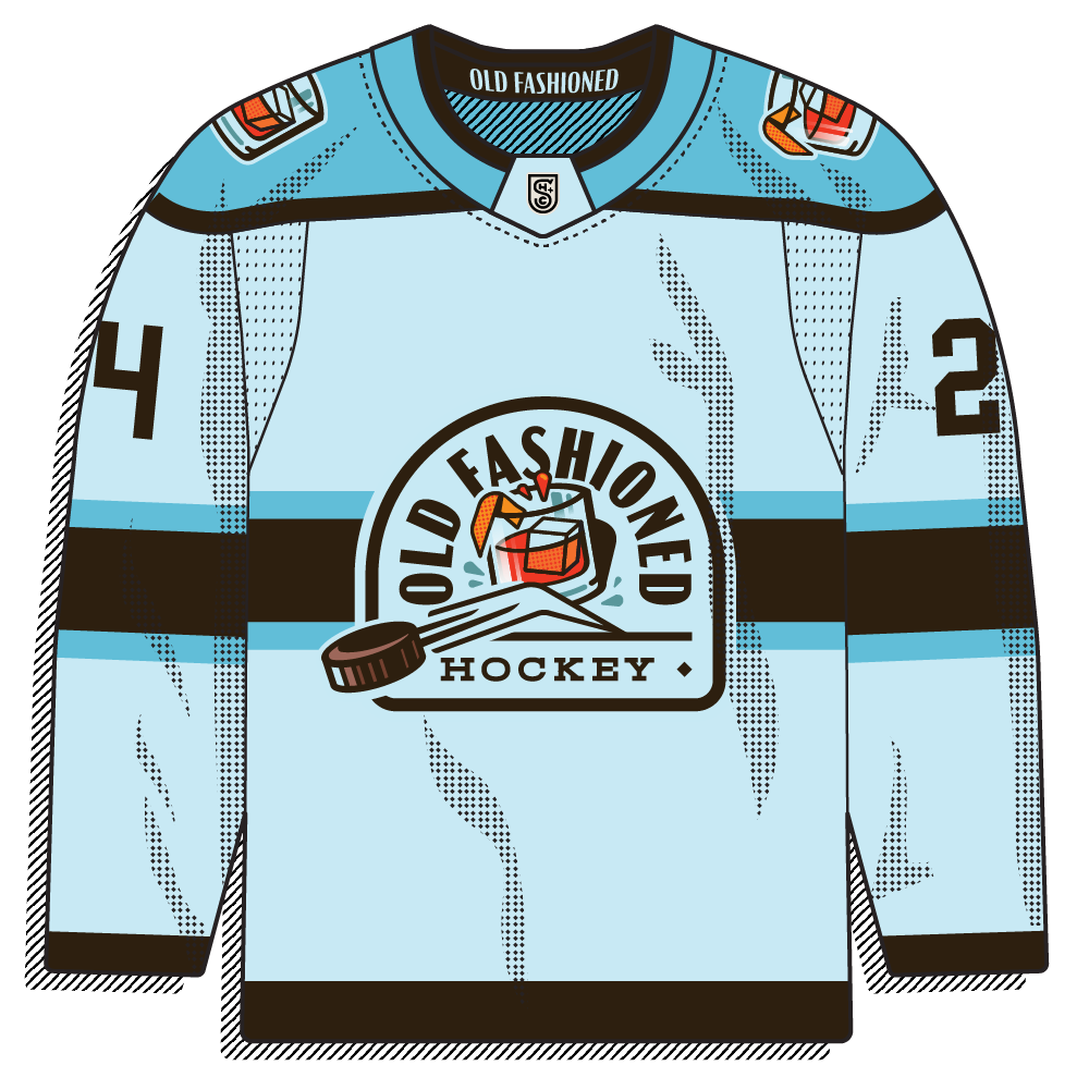 Light-blue road version of the same cocktail-badge crest with black striping. Same theme, lighter base.
