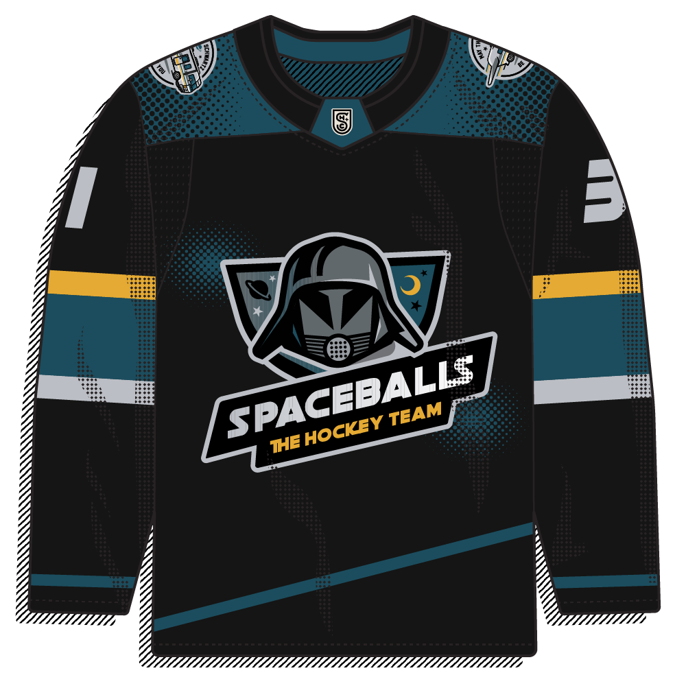 Black-and-teal Spaceballs parody with a shield crest around a Dark-Helmet-style helmet and a "SPACEBALLS - THE HOCKEY TEAM" wordmark, plus gold and silver accents. Illustrated, modern, novelty theme.
