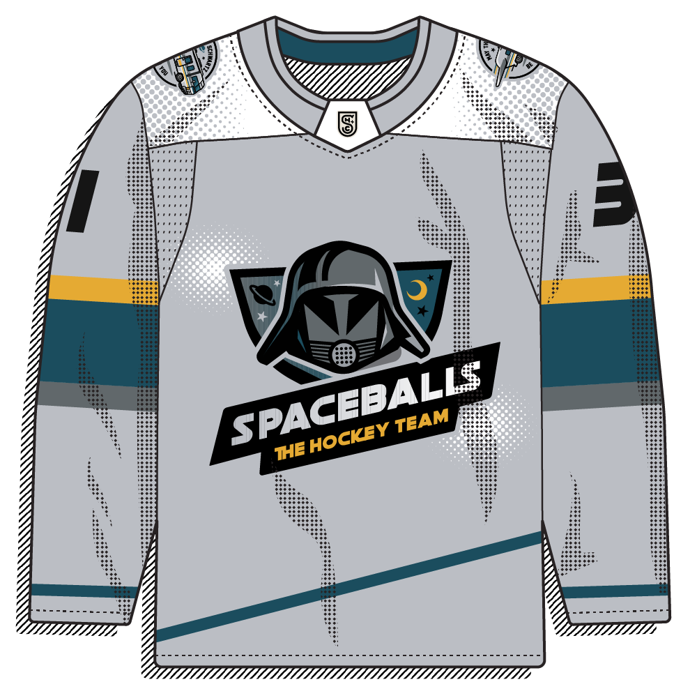 Grey road version of the Spaceballs helmet crest with teal and gold trim. Same parody concept, lighter base.