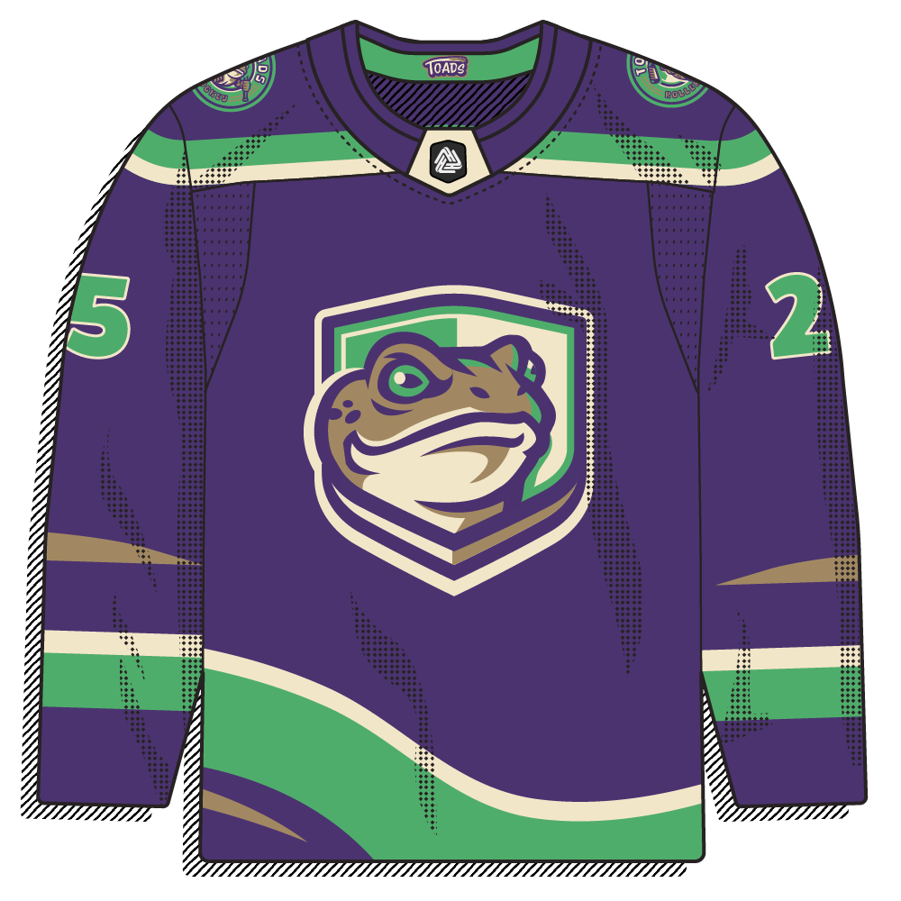 Purple sweater with a shield crest framing an illustrated toad head, green, gold, and cream trim, and wavy hem striping in a Mighty-Ducks-ish palette. Mascot-driven and bold.