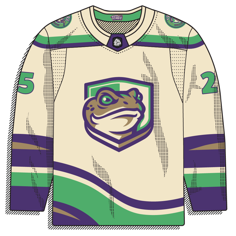 Cream road version of the toad shield crest with purple and green trim. Same look, lighter base.