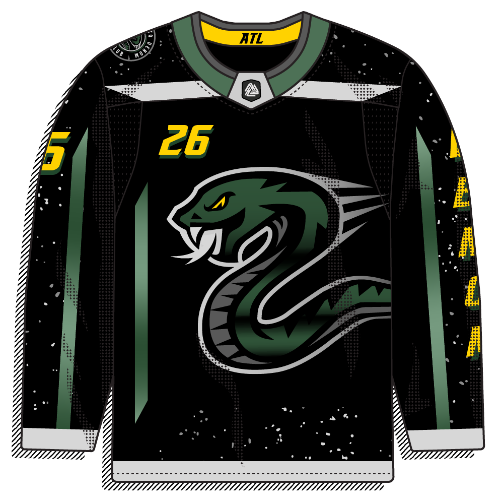 Black sweater with a large illustrated coiled green viper, yellow numbers, an "ATL" collar tab, and a speckled pattern. Aggressive mascot styling, modern.