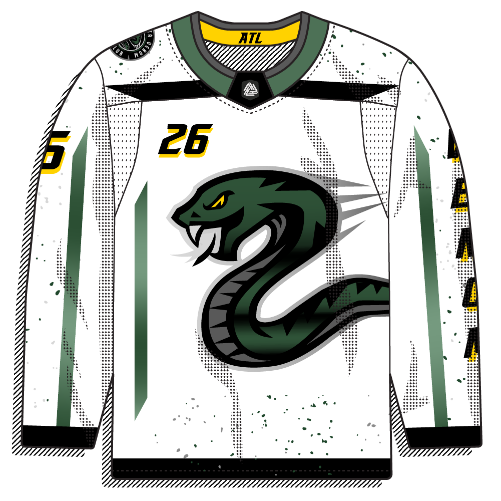 White road version of the coiled-viper design with green and yellow accents. Same mascot, lighter base.
