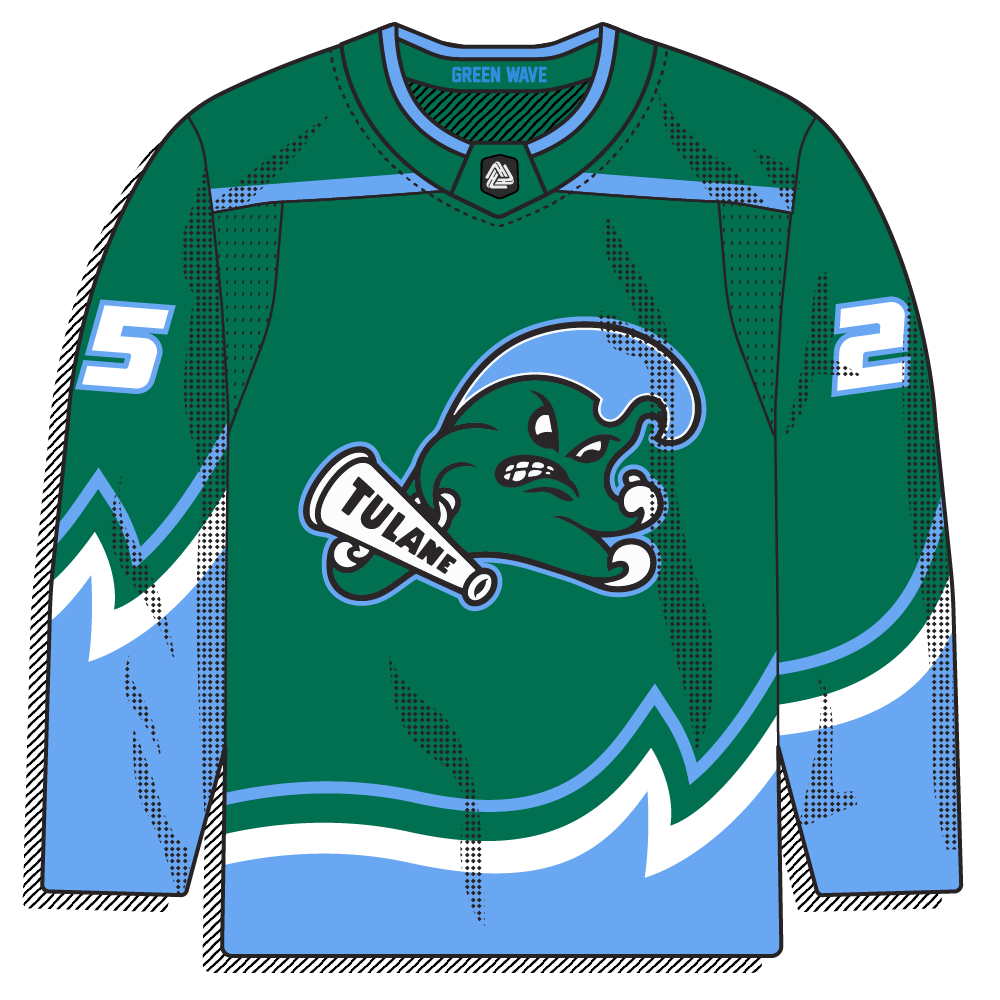 Green sweater with a Columbia-blue wave-shaped hem and white trim, featuring the classic Angry Wave mascot biting a "TULANE" megaphone. Collegiate mascot styling, clean and traditional.