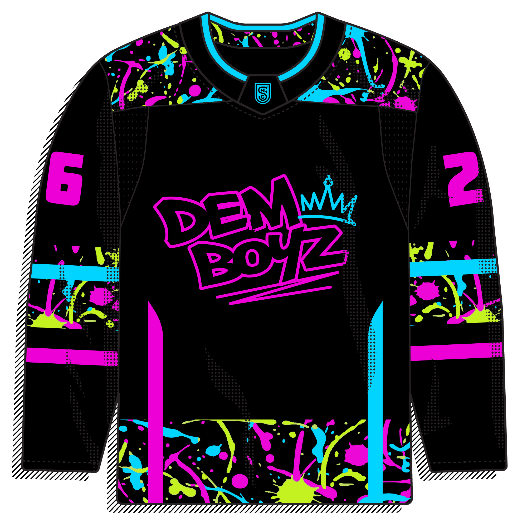 Black sweater drenched in neon pink, cyan, and lime paint-splatter with a graffiti "DEM BOYZ" wordmark and a cyan crown. Loud and experimental with '90s-rave energy, about as far from traditional as it gets.