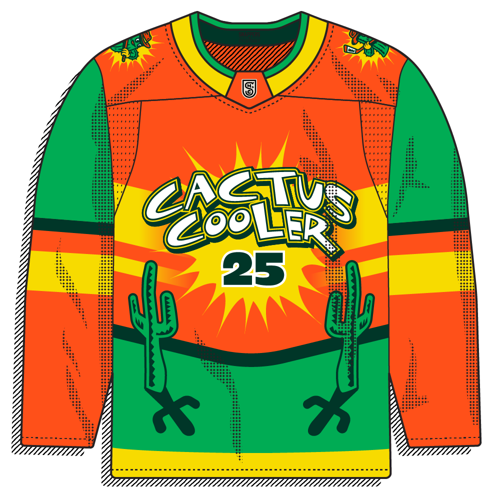 Orange body with green upper sleeves, anchored by a bubble-style "Cactus Cooler" logo and stacked jersey number over twin saguaro graphics on the chest. Yellow/orange diagonal striping runs through the sleeves, with a shield-crest collar and a small mascot patch on each shoulder.