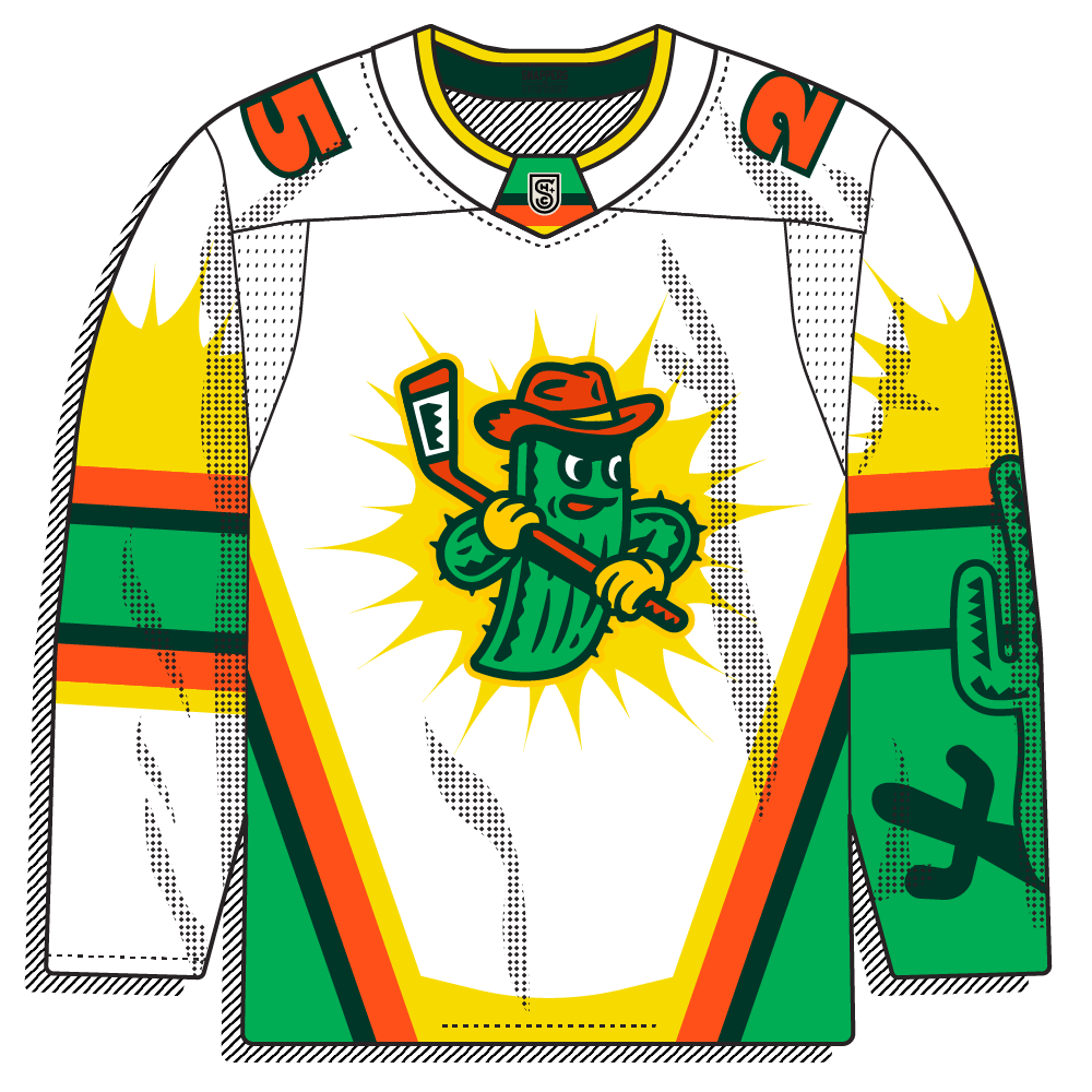 White road counterpart to the home jersey, swapping the orange/green base for white while keeping the same cactus cowboy mascot, starburst chest graphic, and shield-crest collar. Diagonal yellow/orange/green striping and the forearm cactus graphic carry over from the home set, with an orange shoulder number replacing the home jersey's "25."