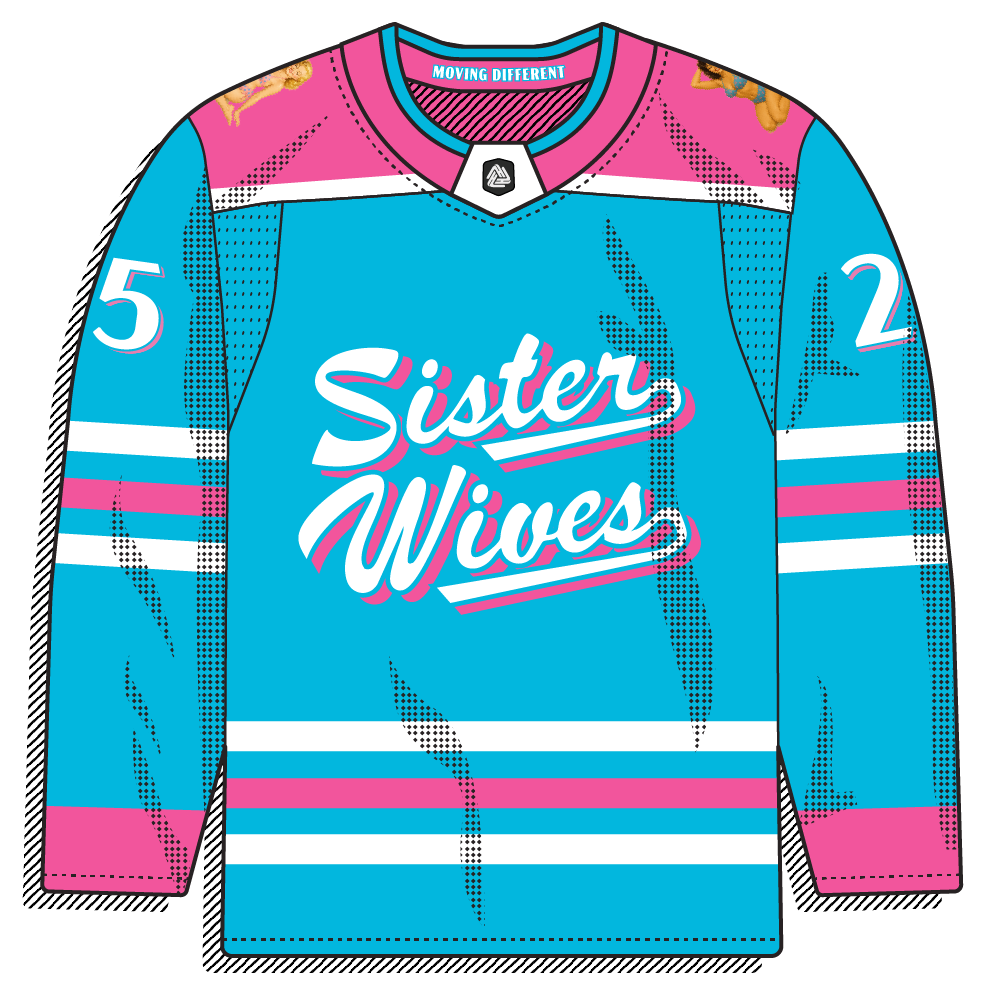 Cyan body with a pink yoke and hem, featuring a two-line pink-and-white drop-shadow script wordmark on the chest. Tri-stripe (white-pink-white) sleeve striping, pin-up graphics on the shoulders, and a "MOVING DIFFERENT" woven collar tab round out the design.