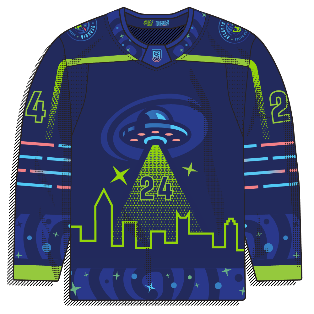 Out-of-this-world "dark mode" alternate -- includes a "galaxy" pattern, bright neon details, and an overall extraterrestriATL vibe!