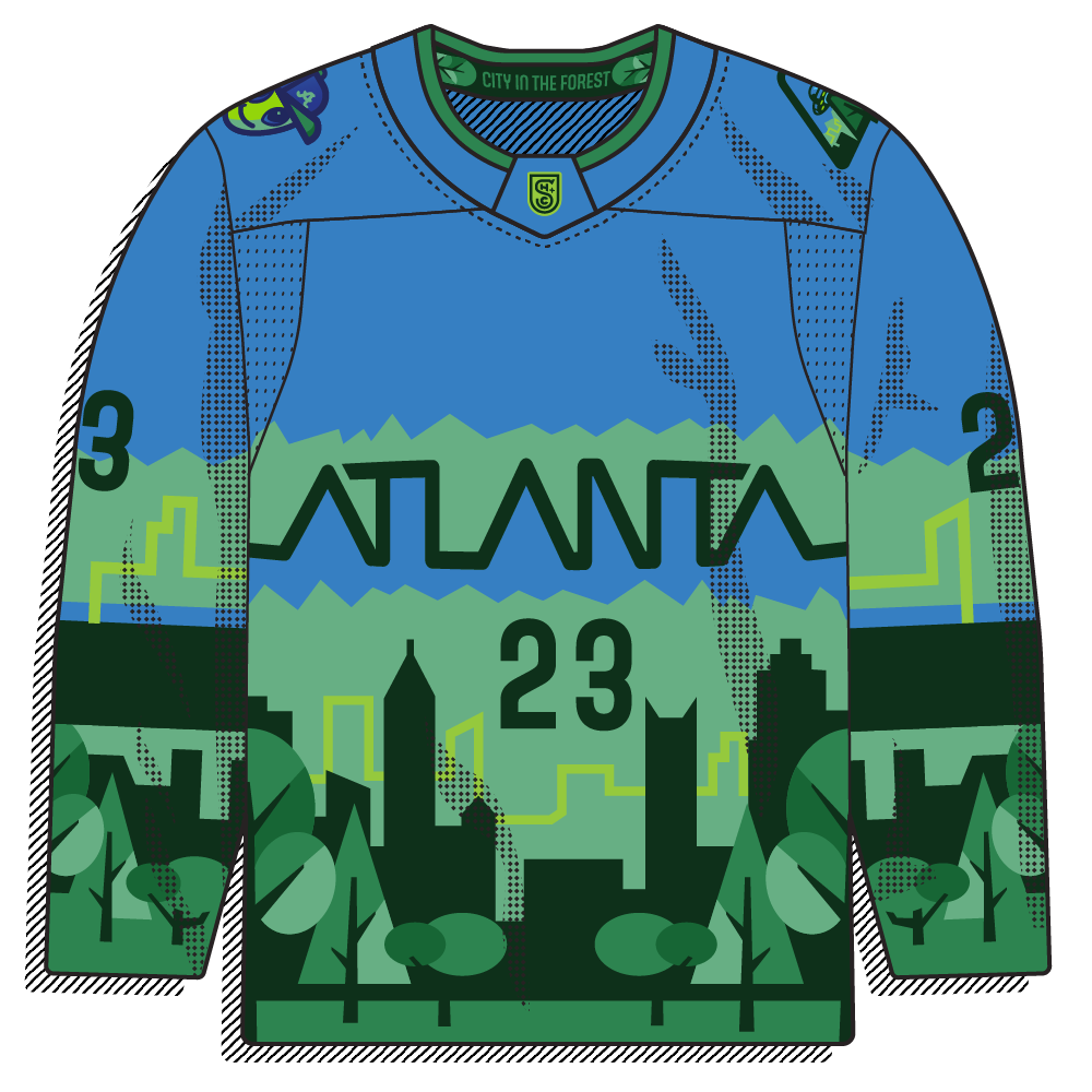 Blue sky up top, but the second you hit the tree line it's green all the way down, with the "ATLANTA" wordmark centering the design -- the font inspired by State Farm arena's iconic facade. The skyline from the other 3 ATLiens jerseys still pokes through the branches.