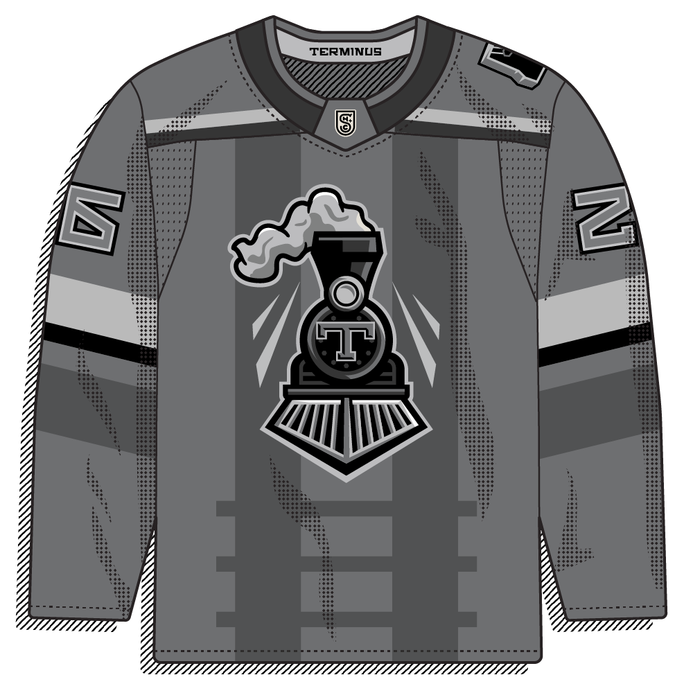Industrial grey-on-grey palette with a detailed black-and-grey steam locomotive crest. Moody and modern with a heavy illustrated logo as the centerpiece.
