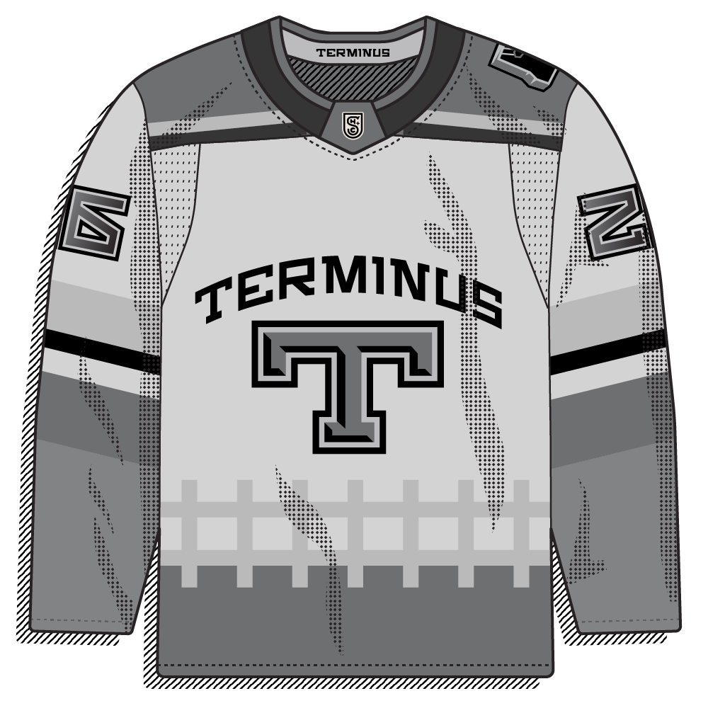 Clean light-grey sweater with a collegiate blackletter "T" and arched "TERMINUS" wordmark, finished with a railroad-track hem stripe. Classic and understated.