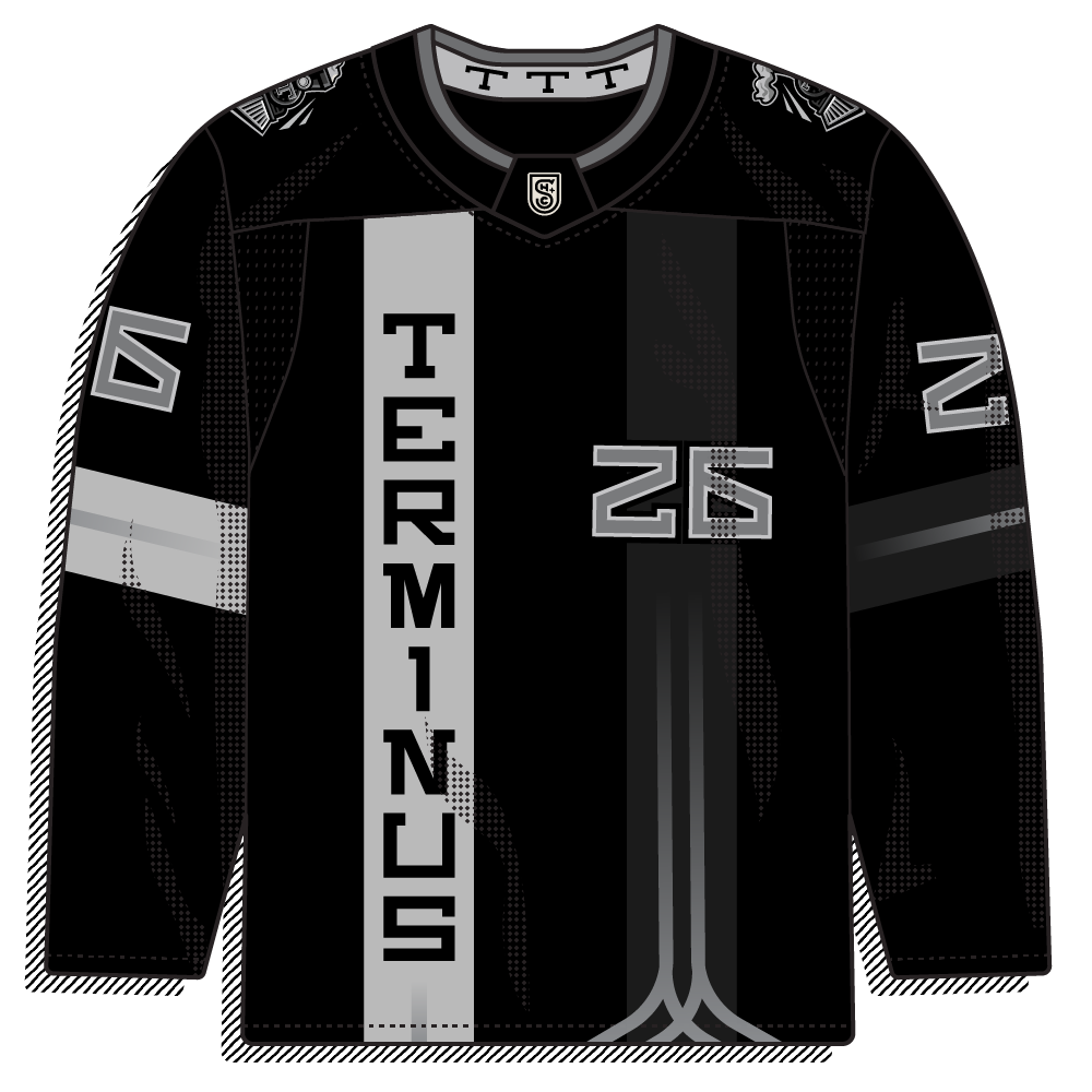 Minimal, modern monochrome look: all black with a single vertical white panel running "TERMINUS" down the chest. Tonal and stripped-down, no mascot, very contemporary.