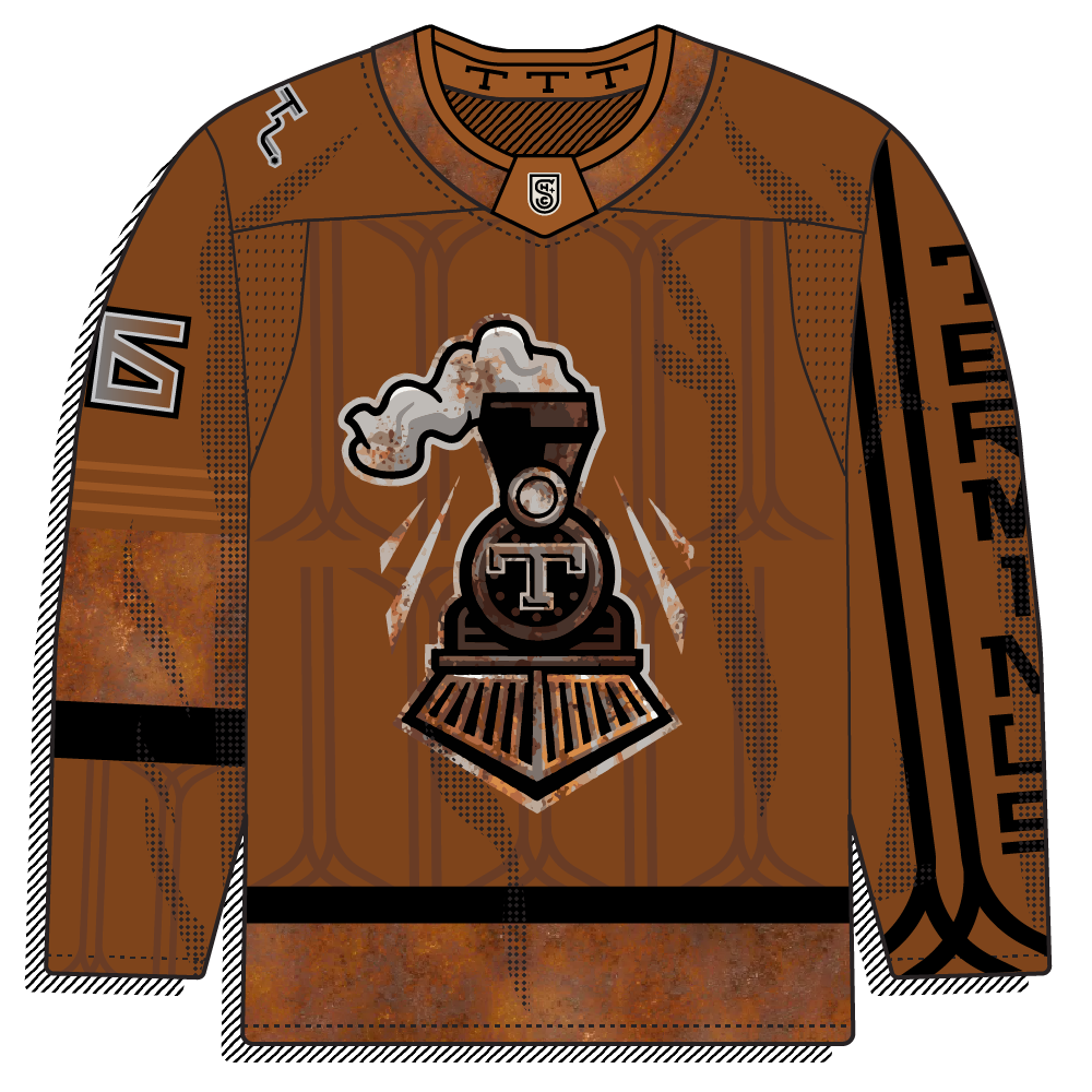 "Rusted Out" alternate jersey -- grunge treatment applied to logo, "train trellis" inspired pattern in the background with rail line / hockey stick detailing. Taking our normal Terminus branding and giving it a wild twist.