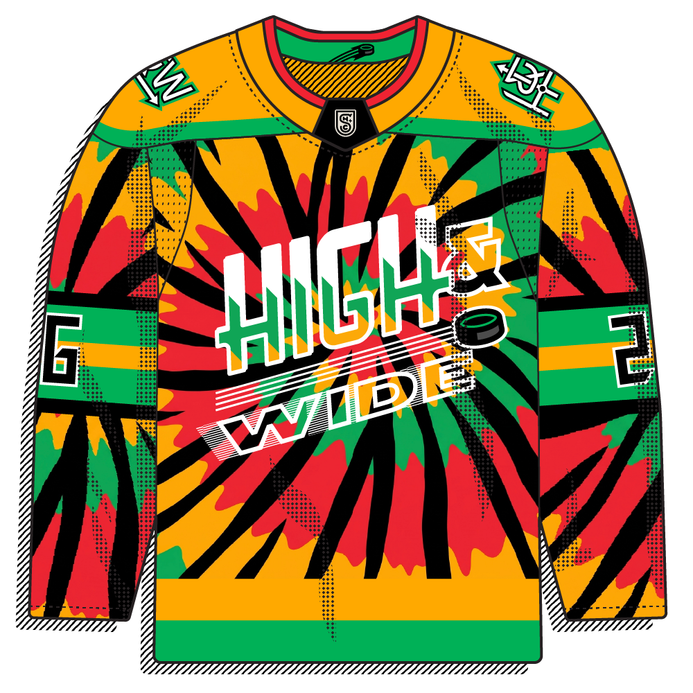 Loud tie-dye burst in green, orange, yellow, and black with a layered "HIGH & WIDE" wordmark. Maximal and experimental, about as out-there as it gets.