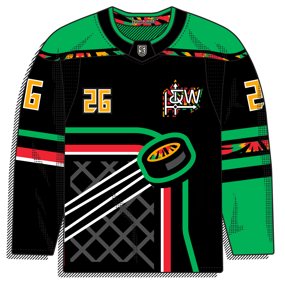 Experimental layout with oversized hockey net, asymmetrical design, "soccer kit" inspired interlocking badge placement, and small touches of tie dye. An in-your-face alternate!