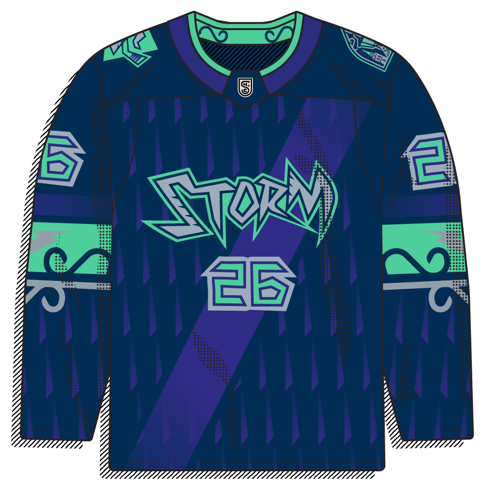 Navy base with the same jagged shard texture and diagonal purple sash. "STORM" wordmark in jagged lettering across the chest, with the number below.