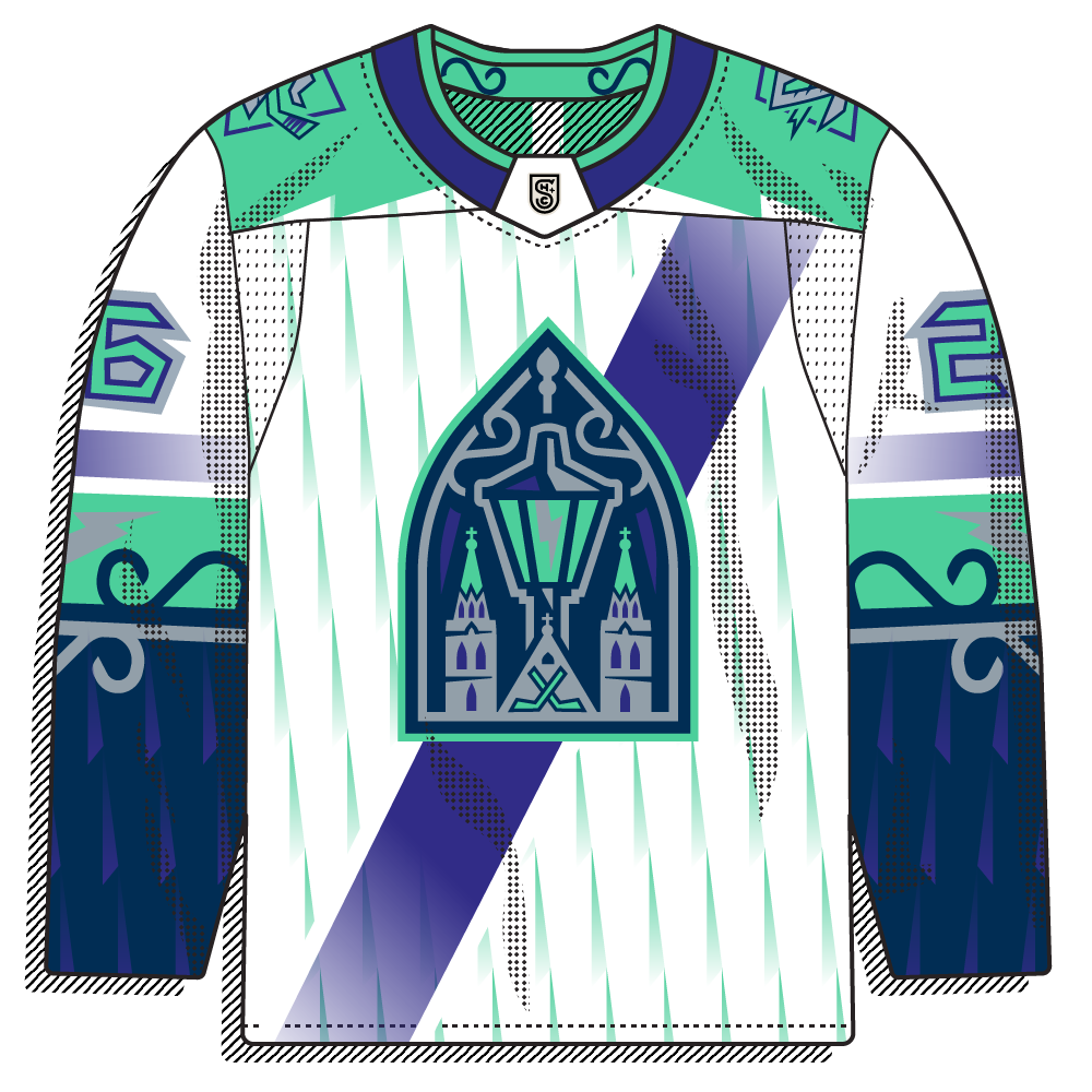 White base with a jagged mint shard pattern and a diagonal purple sash across the chest. Center crest shows a cathedral with a lantern and crossed sticks. Navy sleeve blocking.