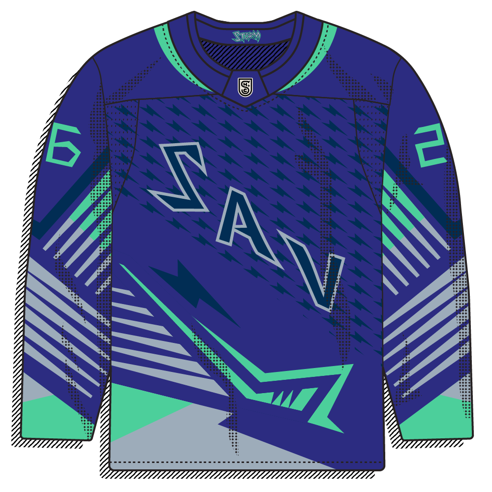 An absract and stormy chaotic mess! Purple base with a diagonal jagged wordmark reading "SAV" in grey/navy outline. Repeating small lightning-bolt pattern fills the background. Diagonal grey/mint stripes on the sleeves.