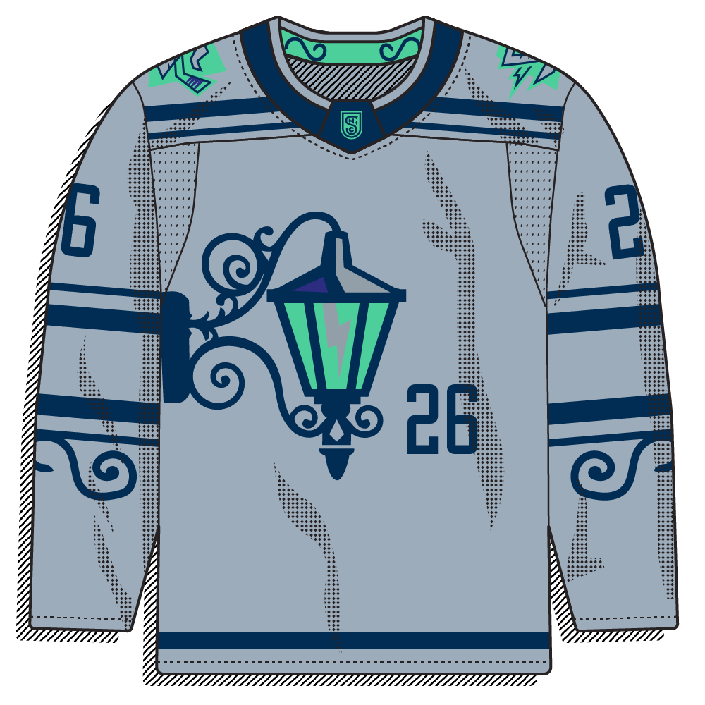 Grey base with navy trim and mint accents. Chest crest is a wrought-iron streetlamp with a lightning bolt in the lantern. Subtle cloud-texture shading on the body.