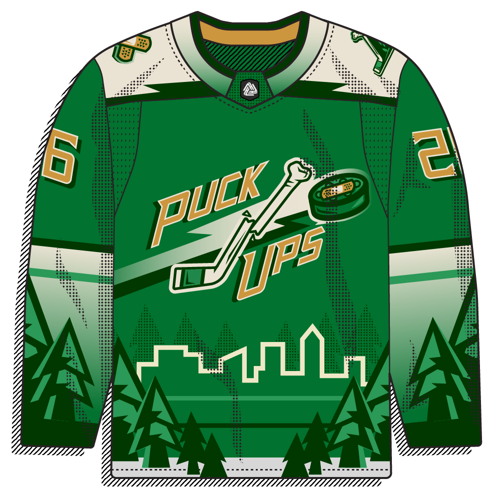 Cream body with a forest green yoke, gold numbers, and a pine-tree skyline hem. Bandaged puck-and-stick crest plays into a hockey injury bit with rugged outdoor styling.