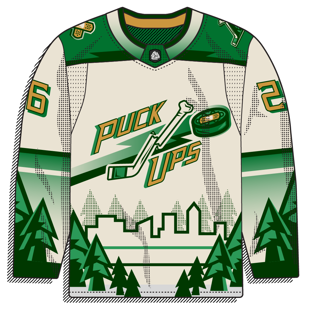 Green body flip of the Puck Ups home set, with cream and gold trim carried over. Same bandaged puck-and-stick crest and pine-tree hem.