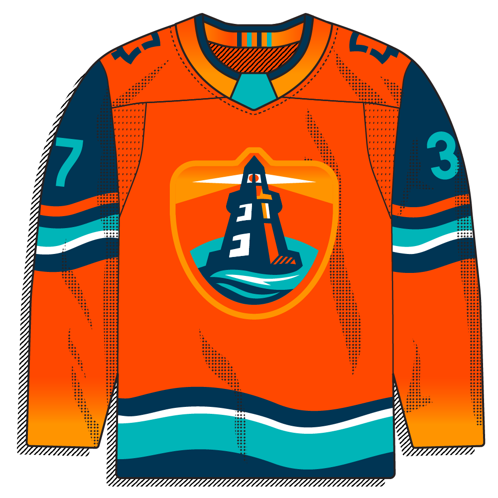 Orange body with navy sleeves and a teal/white lighthouse crest set inside a coastal color-blocked frame.