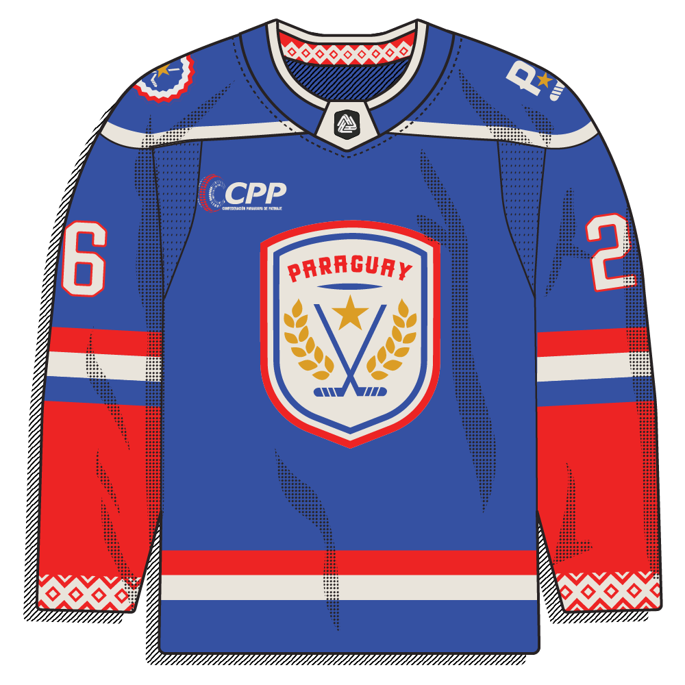 Royal blue national jersey with red/white trim, a wheat-wreath-and-star shield crest, and Guaraní diamond patterning on the cuffs.