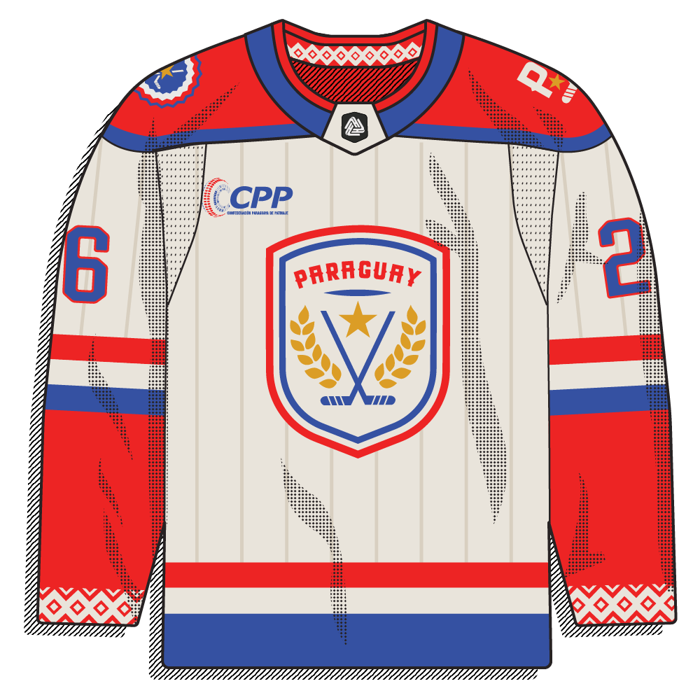 White pinstripe version of the Paraguay national jersey, red/blue trim, same wheat-and-star shield crest.