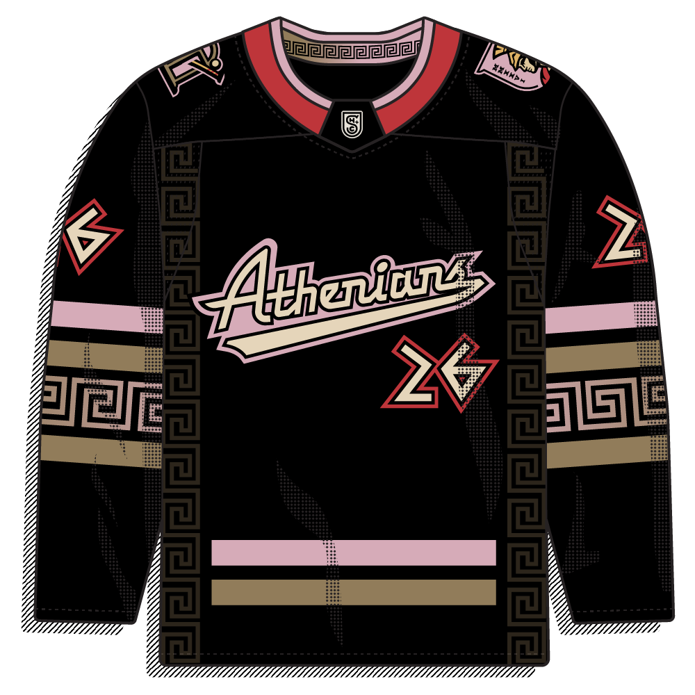 Black body with pink/gold/red Greek key trim and a script "Athenians" wordmark crest.
