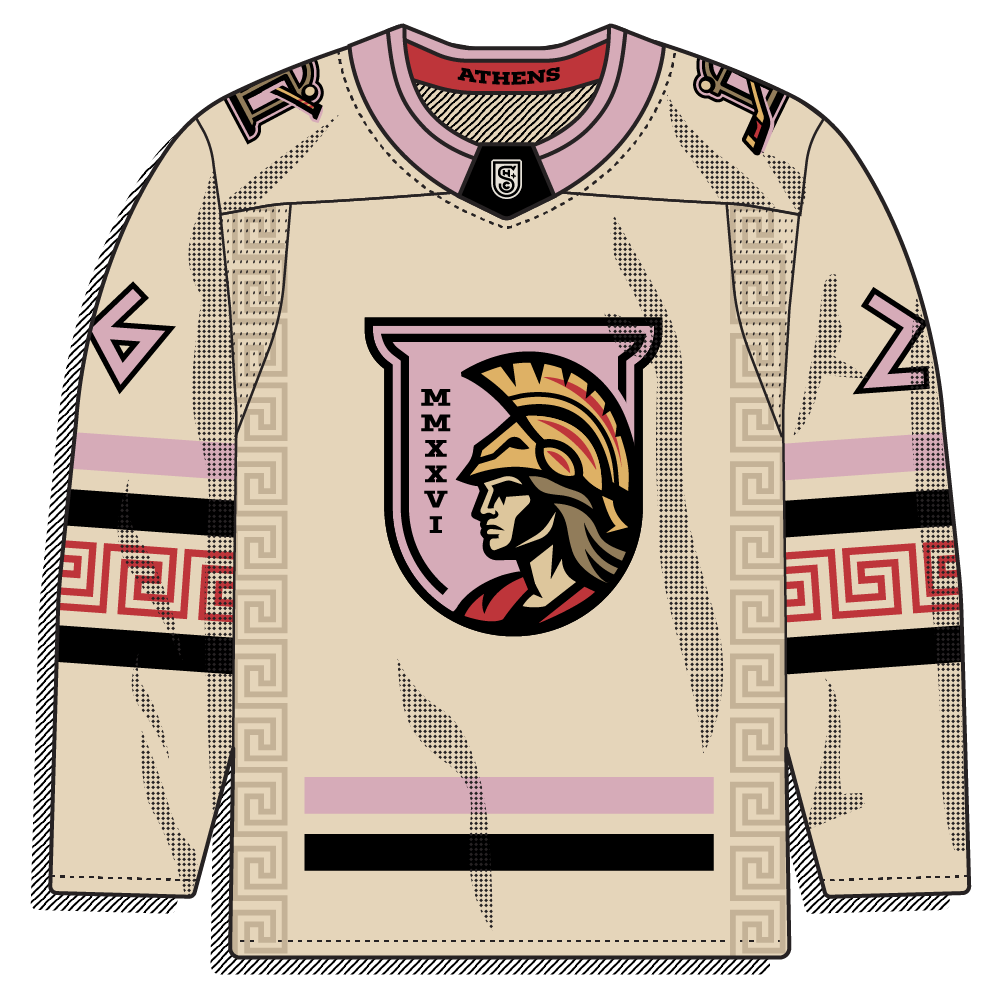 Cream body with pink/black Greek key trim and a Spartan-helmet shield crest marked "MMXXVI."