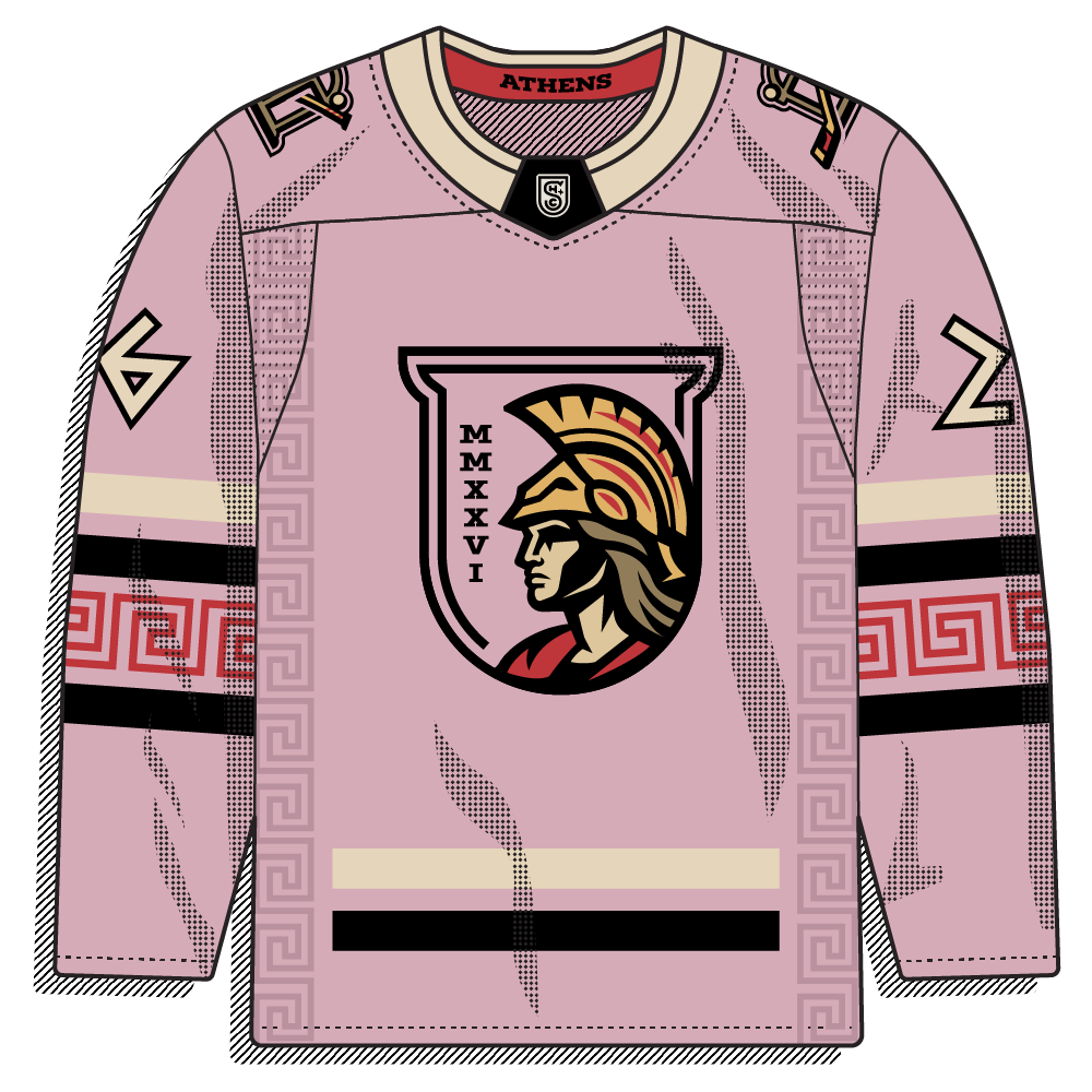 Pink body flip of the Spartan-helmet crest design, same Greek key trim treatment.