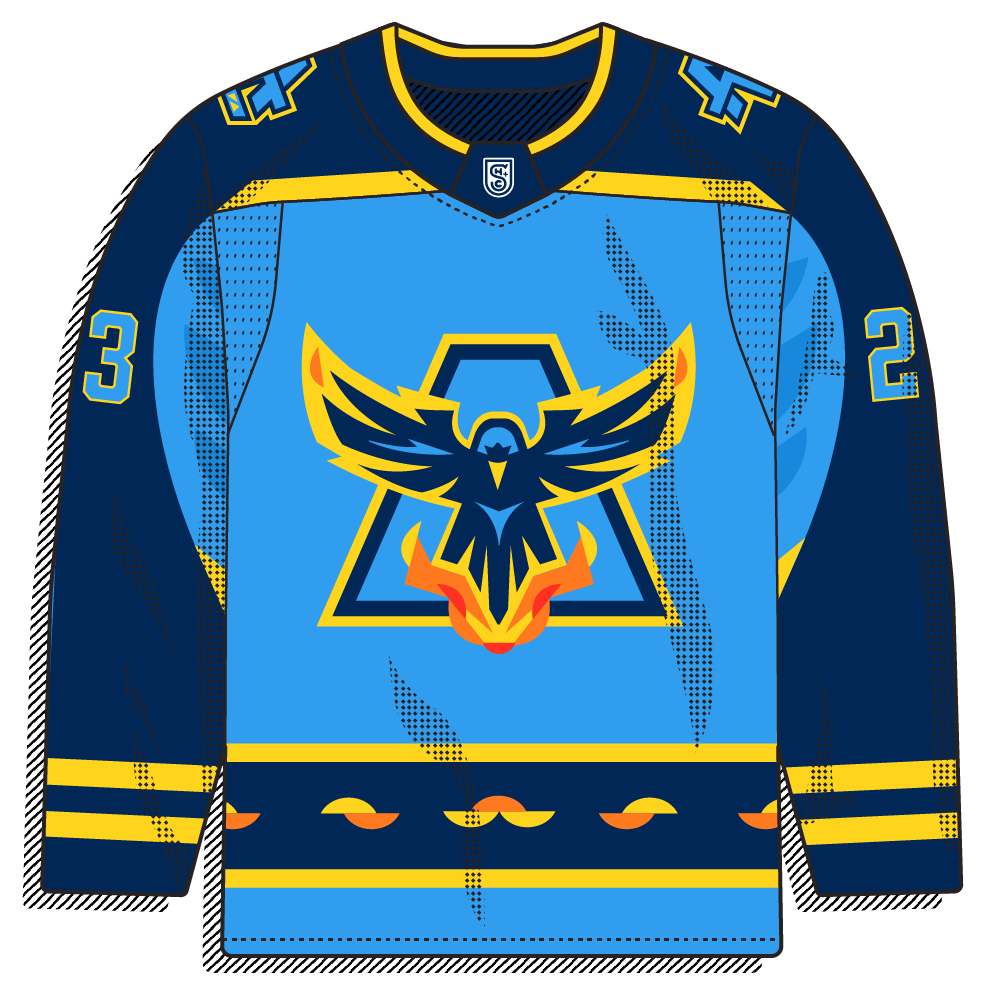 Sky blue body with navy/gold trim and a phoenix-in-triangle crest rising out of flame.