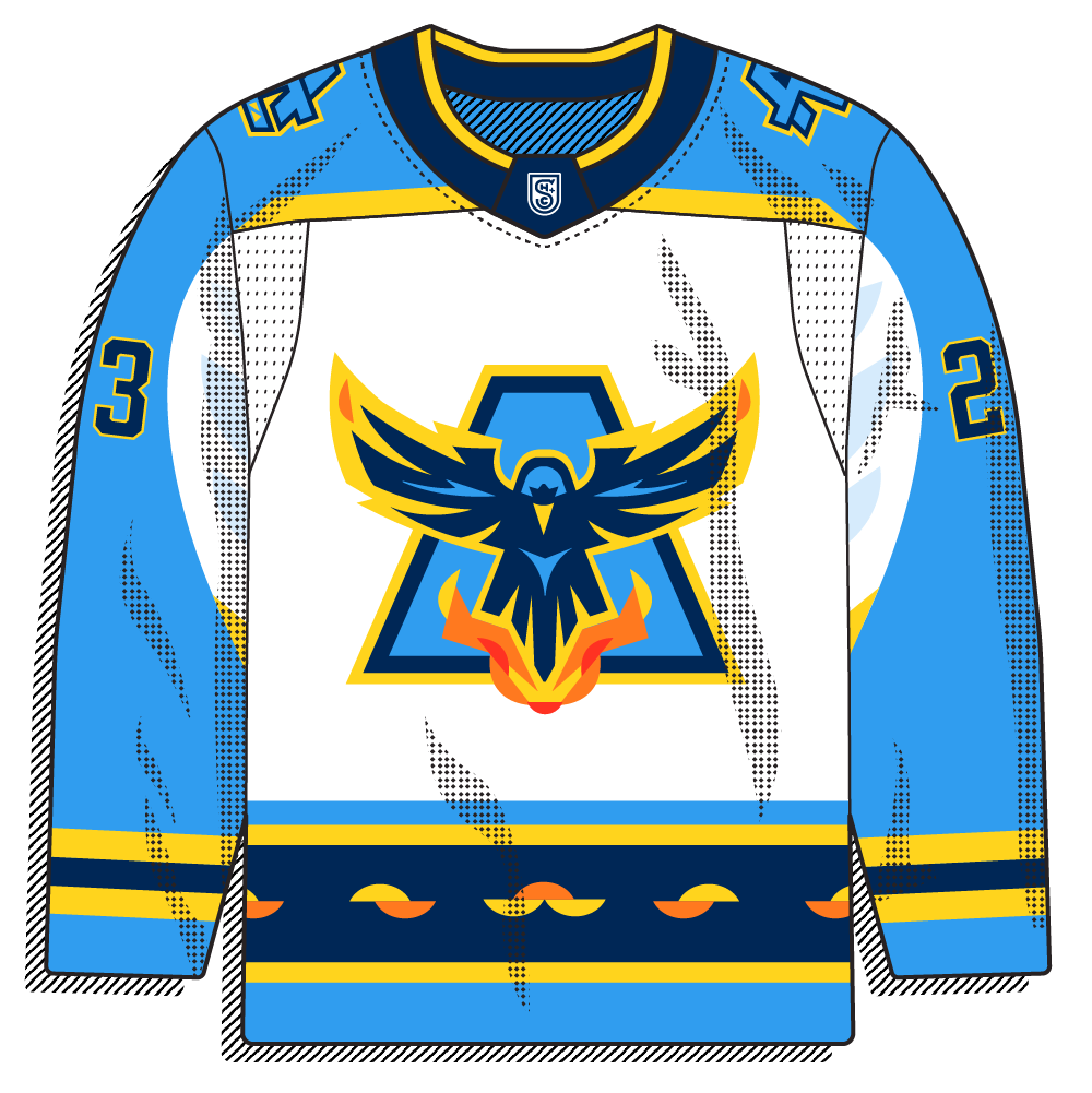 White body version of the same phoenix crest and navy/gold trim.