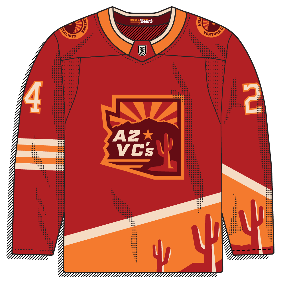 Maroon body with a desert mountain graphic and an "AZ VC's" badge crest; "Hockey in the Desert" tag on the collar.
