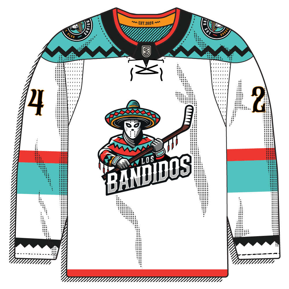 White body with a teal/black zigzag yoke and a masked bandit "Los Bandidos" logo; lace-up collar detail.