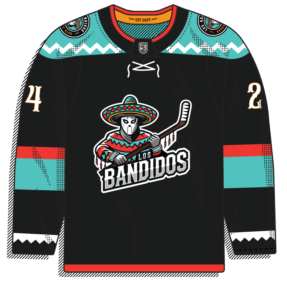 Black body version of the same bandit crest and zigzag trim.