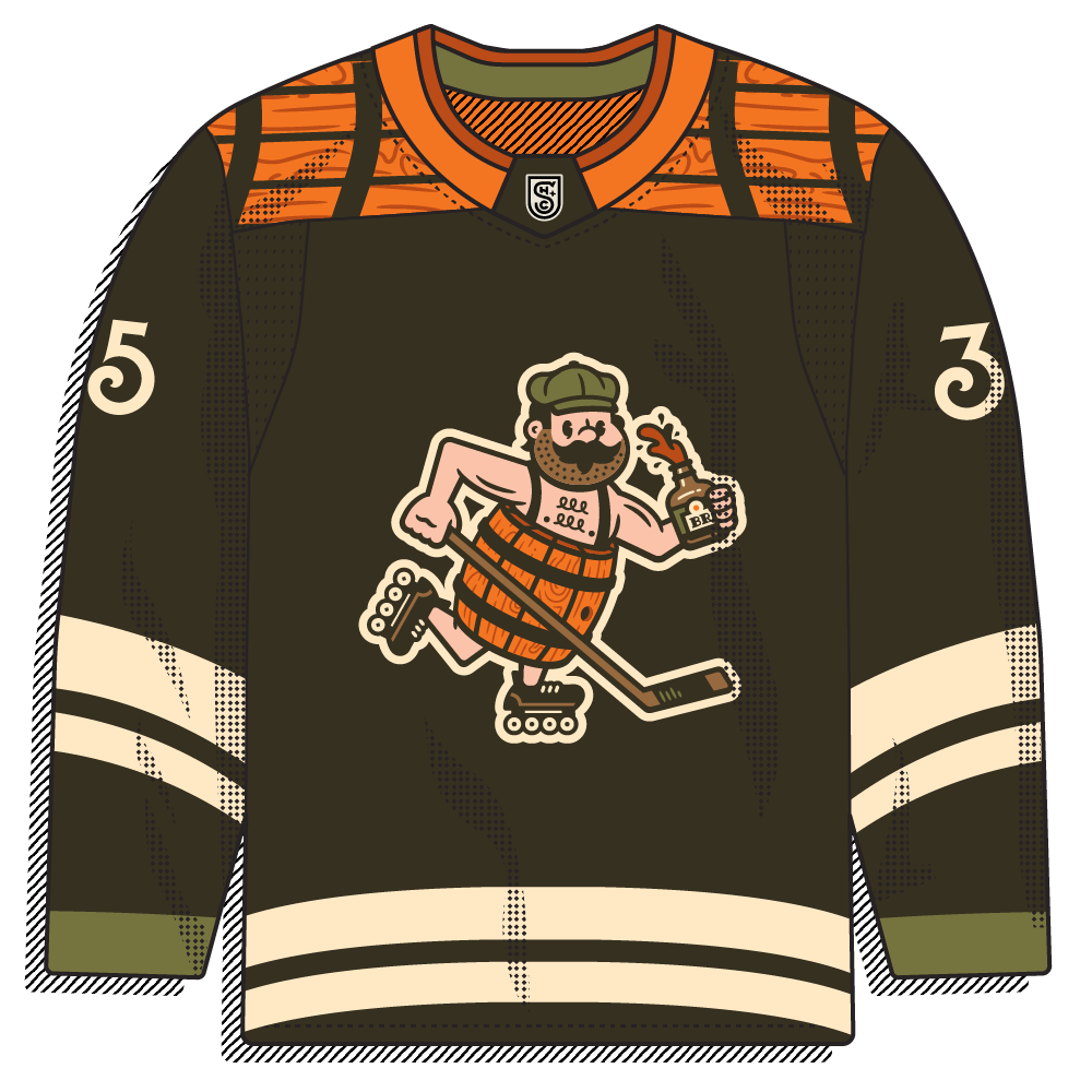 Olive/brown body with an orange wood-grain yoke and a beer-barrel roller-hockey mascot crest.