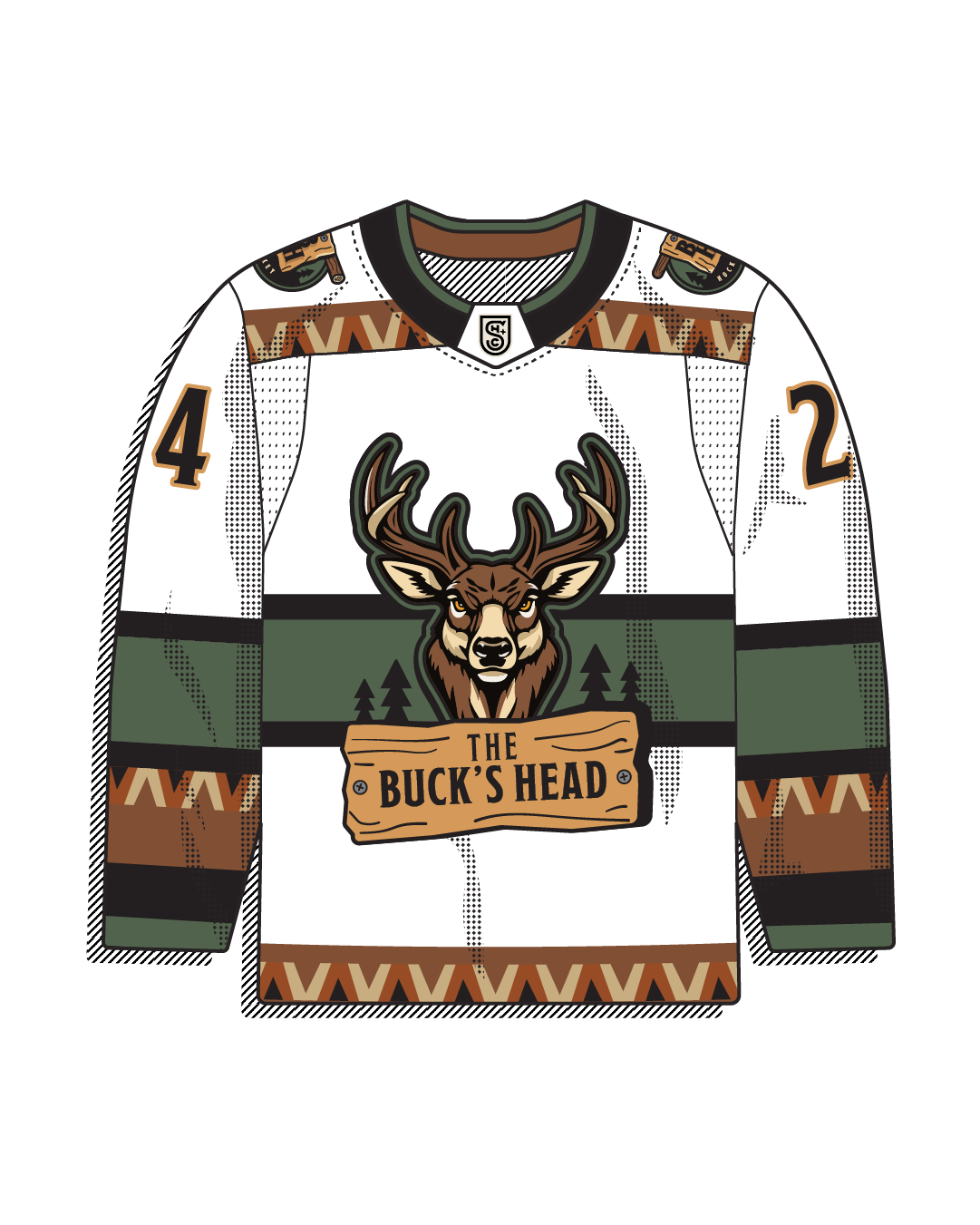 White body with brown/green/tan tribal stripe trim and a deer-head crest on a wood-sign "The Buck's Head" logo.