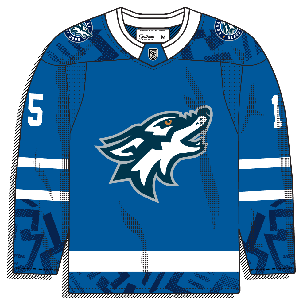 Royal blue body with an angular camo sleeve graphic and a howling wolf-head crest.