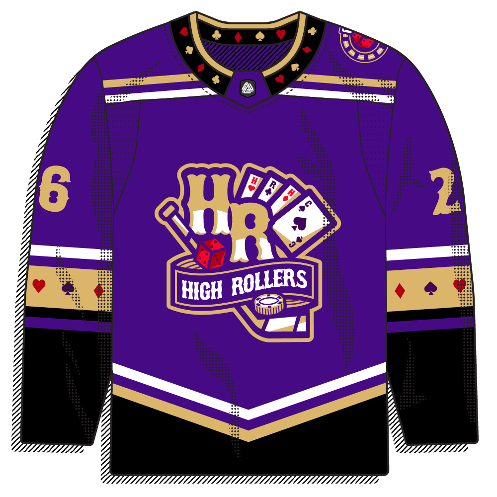 Purple body with a card-suit collar and a casino chip/playing card "High Rollers" crest.