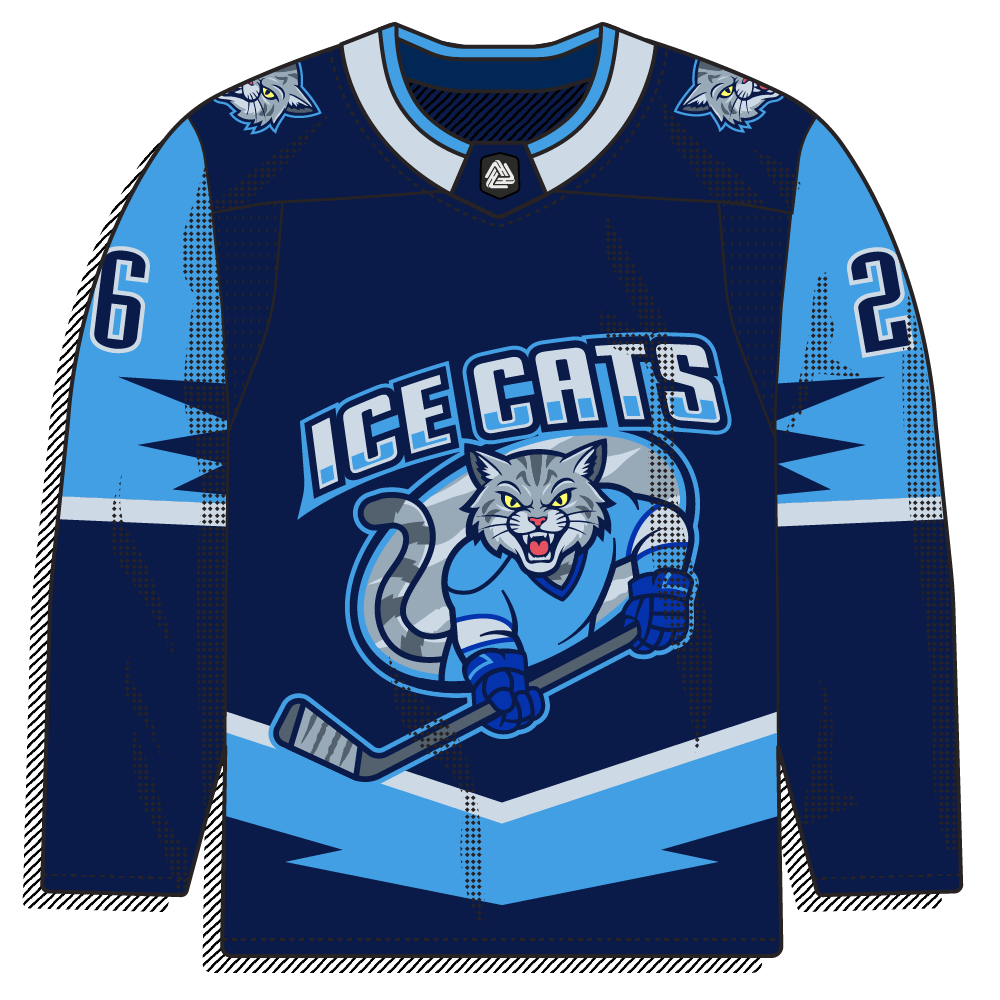 Navy body with sky blue lightning graphics and a snarling wildcat player mascot crest.