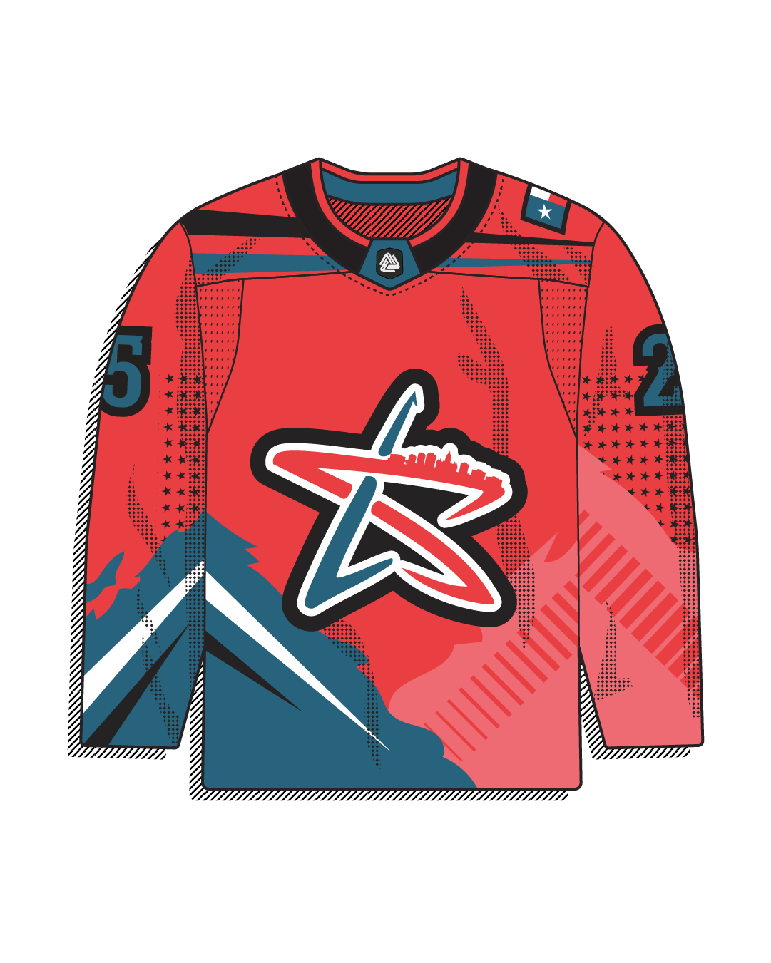 Red body with a teal mountain graphic and a star-shaped Texas skyline crest; Texas flag patch on the shoulder.
